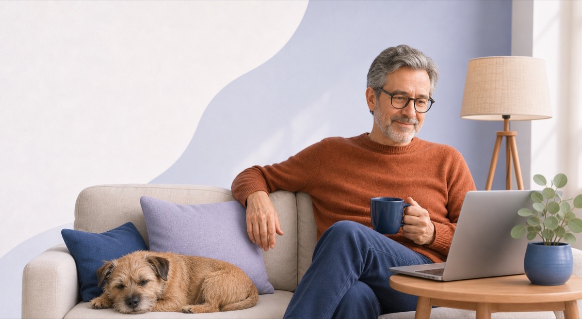An adult learner relaxing at home beside a sleeping dog