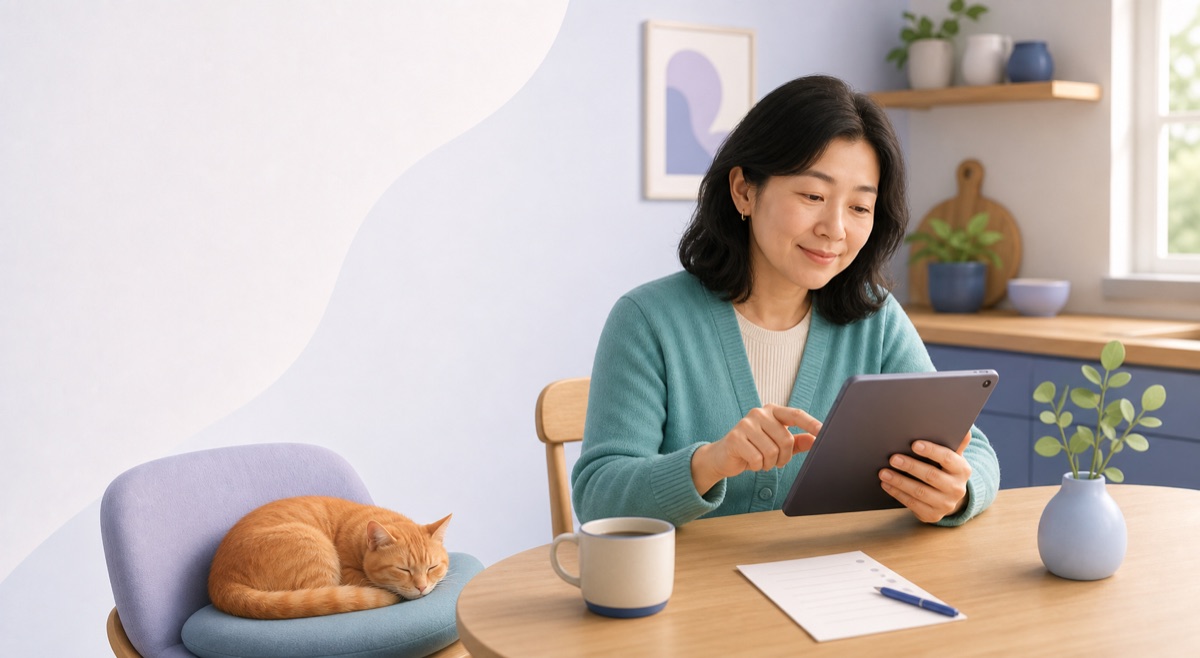 An adult learner using a tablet at a kitchen table beside a sleeping cat