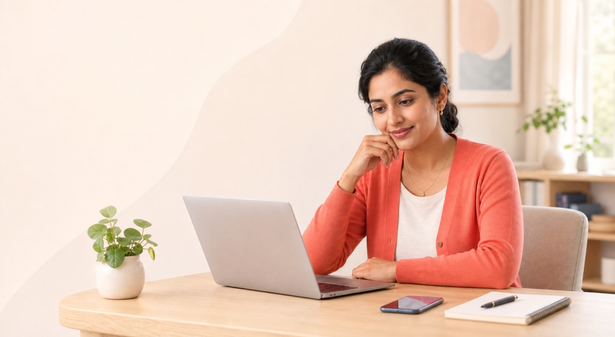 A woman calmly drafting and reviewing a message using a laptop, phone and notepad