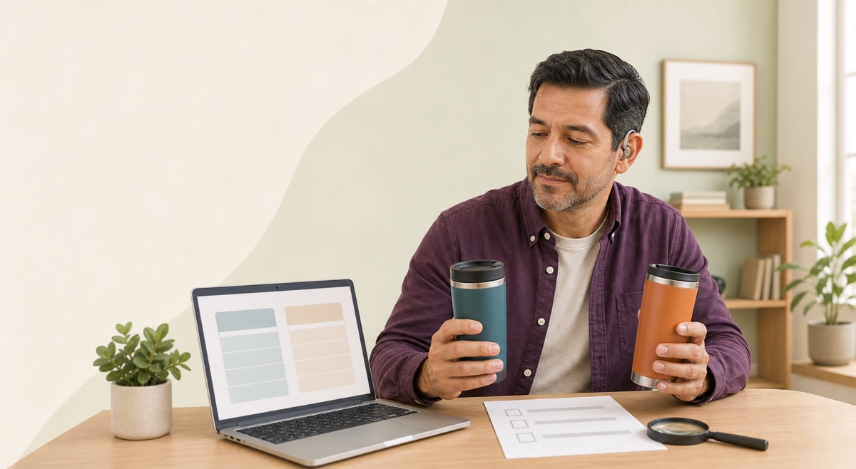 A man comparing two travel mugs using a neutral two-column screen, checklist and magnifying glass
