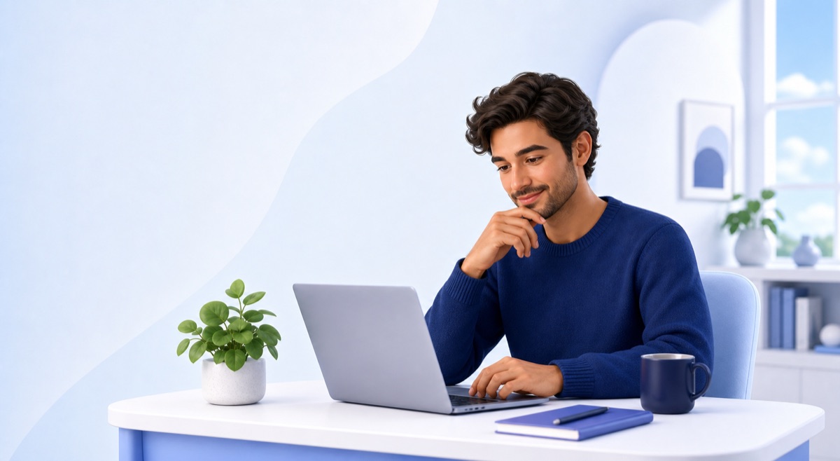 An adult learner calmly using a laptop at home