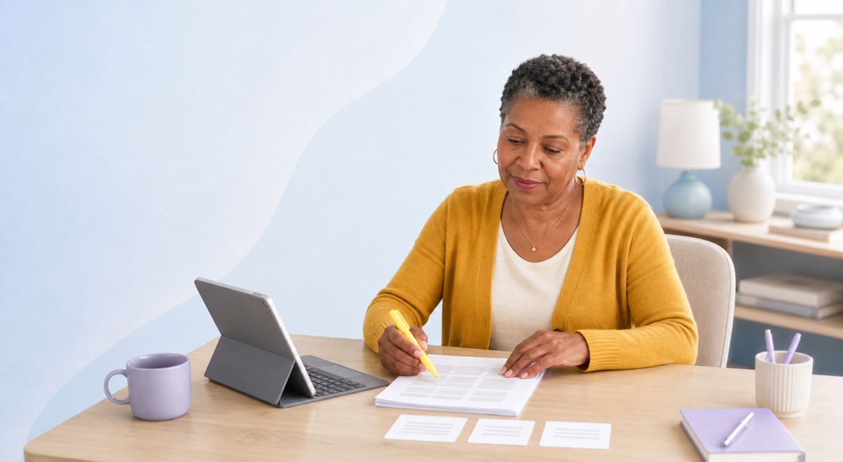 A woman highlighting source pages and arranging three short summary cards beside a tablet