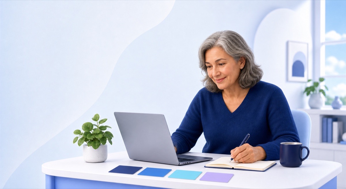 An adult learner writing in a notebook beside a laptop