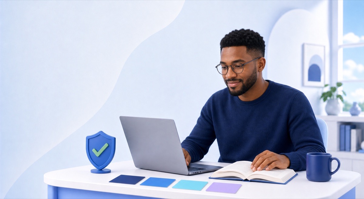 An adult learner calmly checking an AI answer against a reference book